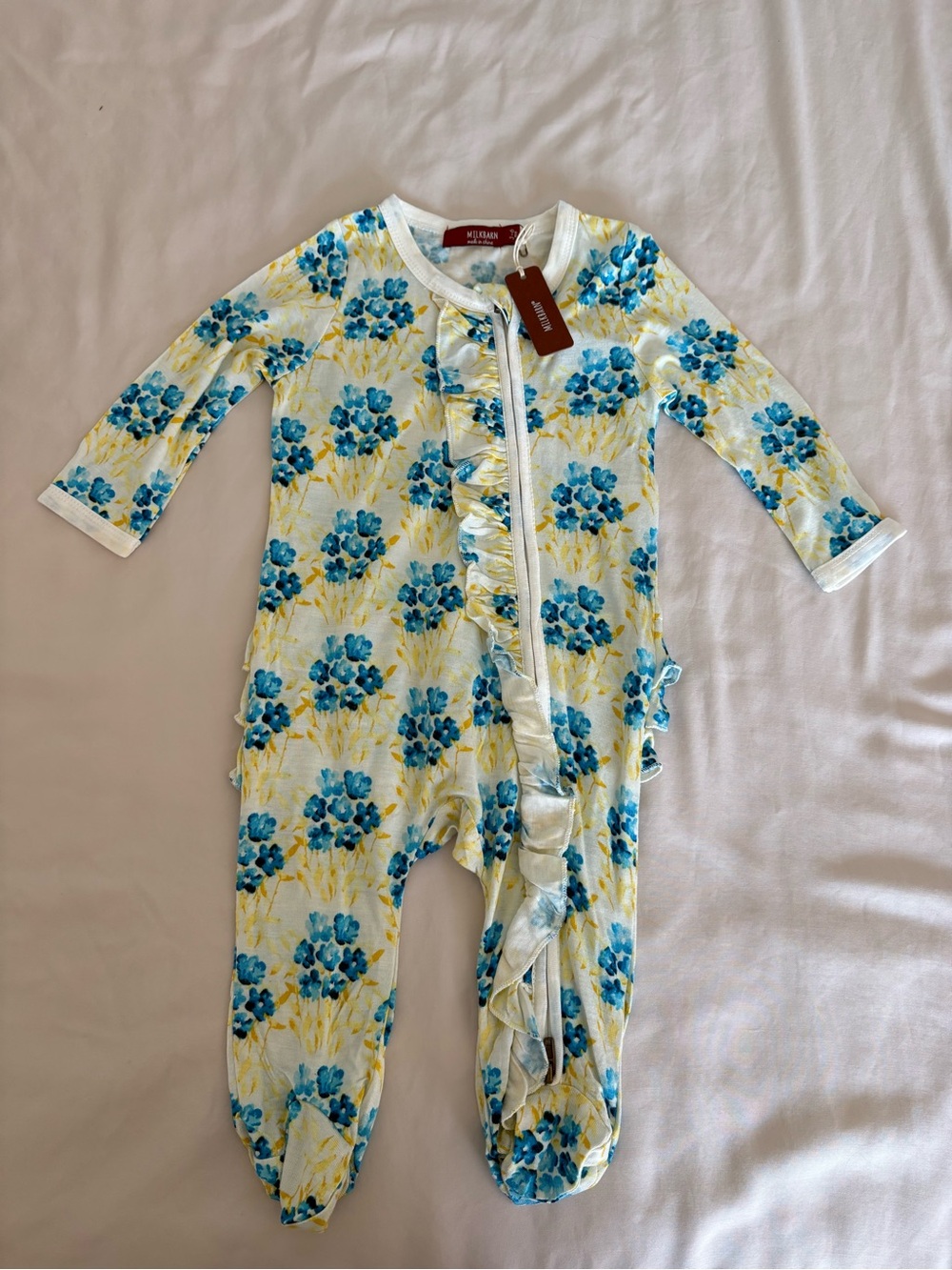 Milkbarn Blue and Yellow Floral Ruffle Footed One-Piece